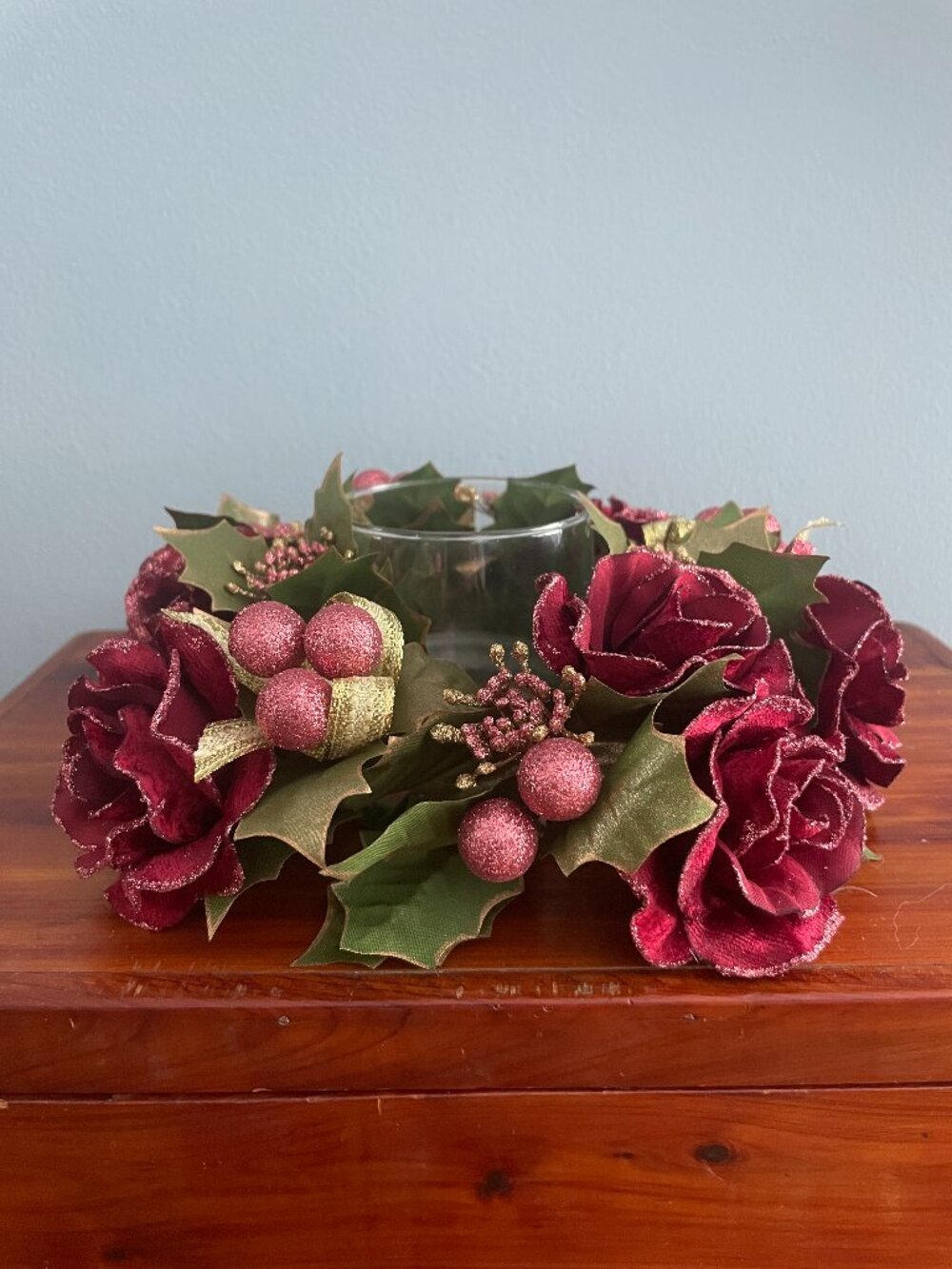Christmas Candle Holder Ring Floral Roses Cranberries Holly Glitter 8"